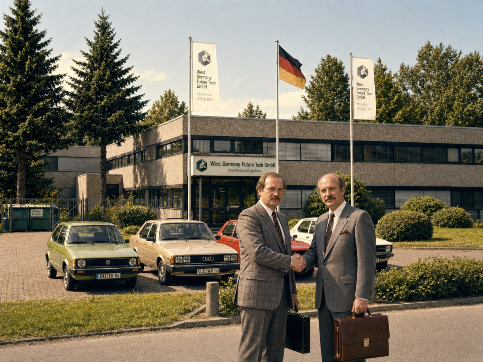 Handschlag vor dem Firmengebäude der West Germany Future Tech GmbH